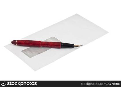 stack of mail envelopes and a pen isolated on white background