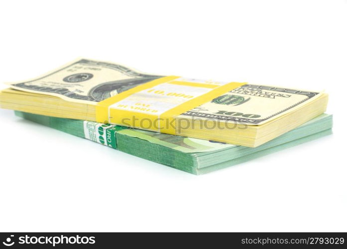 Stack of money- cash of US dollars and euros isolated on white background