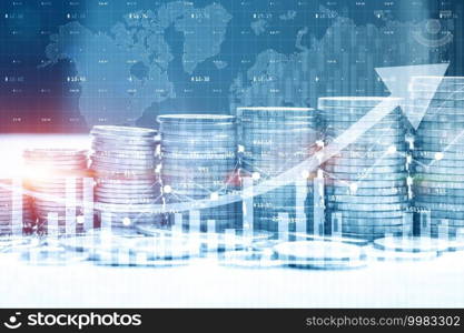 Stack of money coin with trading graph for finance investor. Cryptocurrency digital economy.  Financial investment background concept. 3d rendering
