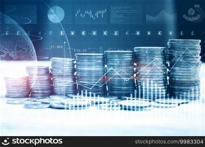 Stack of money coin with trading graph for finance investor. Cryptocurrency digital economy.  Financial investment background concept. 3d rendering