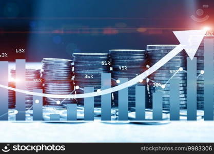 Stack of money coin with trading graph for finance investor. Cryptocurrency digital economy.  Financial investment background concept. 3d rendering