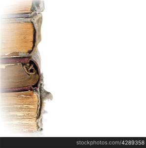 Stack of old books isolated on a white background. Sample text