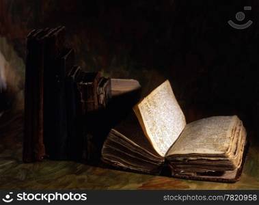 Stack of old books isolated on painted background