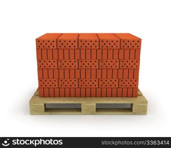 Stack of orange bricks on pallet, isolated on white background