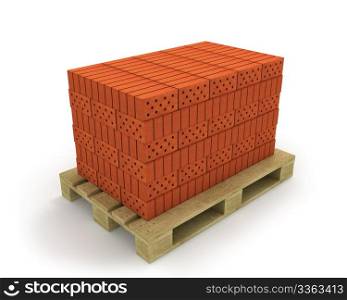Stack of orange bricks on pallet, isolated on white background, diagonal view