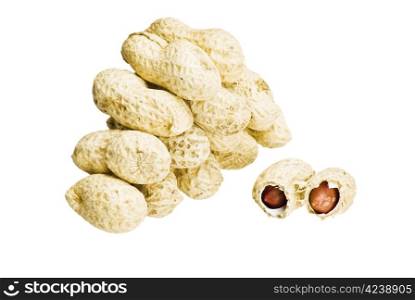 Stack of peanuts in shells on white background - isolated