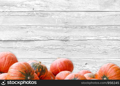 stack of pumpkins on blank white wood background autumn season greeting bacground