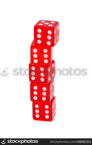 Stack of red dice isolated on white