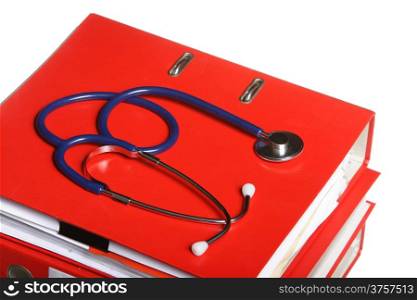 stack of red file folders with blue stethoscope on white background