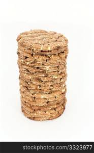 Stack of round crispbread isolated on white
