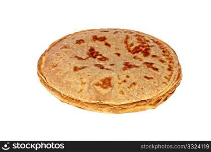 Stack of salted pancake made of spelt wheat isolated on white