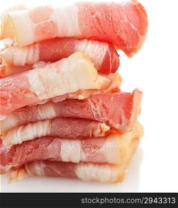 Stack Of Smoked Sliced Bacon ,Close Up On White Background