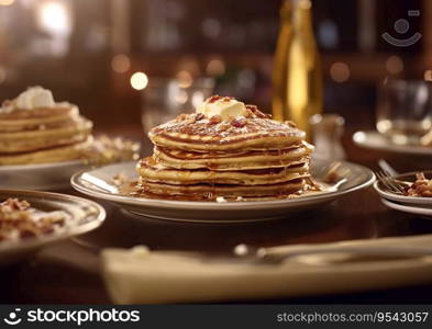 Stack of sweet buttermilk morning pancakes.AI Generative