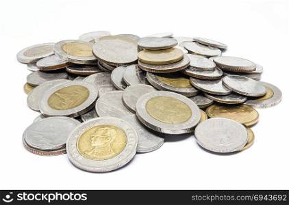 Stack of Thai coin on white background.
