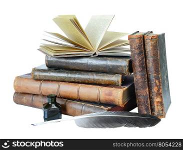 Stack of the old books, quill and the inkwell isolated on a white background