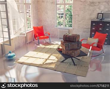 stack of the vintage suitcases on a table in a beautiful sunny interior. 3d concept