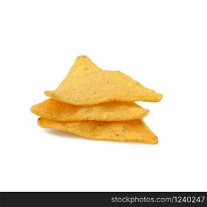 stack of triangular nachos on white background