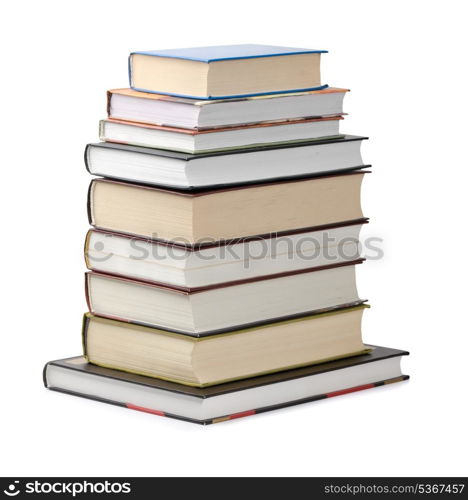 Stack of various hardcover books isolated on white