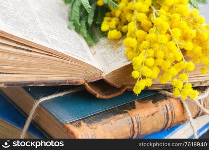 stack of vintage old books with mimosa flowers close up . pile of old books