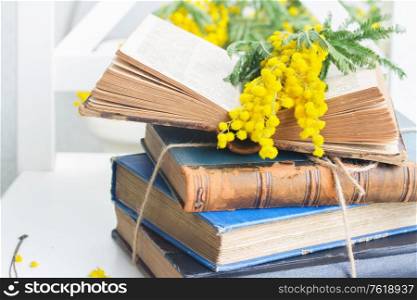 stack of vintage old books with open one and mimosa flowers . pile of old books