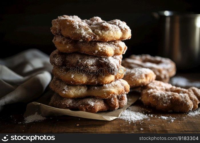 stack of warm, fluffy brezels with a hint of cinnamon and sugar, created with generative ai. stack of warm, fluffy brezels with a hint of cinnamon and sugar