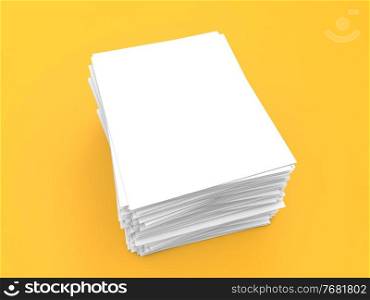 Stack of white sheets of A4 office paper on a yellow background. 3d render illustration. 
