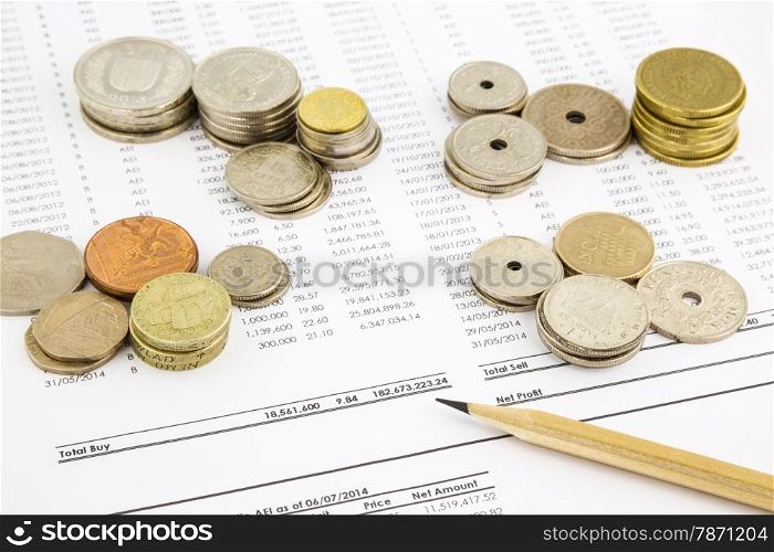 stack of world coins on funding account summarizing, concept of debt, expend, investment and money saving plan