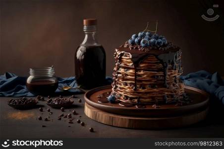 Stack of yummy pancakes with dark chocolate pieces melting. Illustration Generative AI
