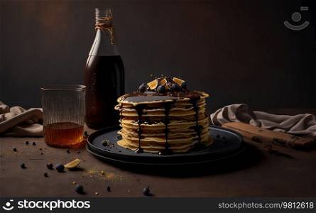 Stack of yummy pancakes with dark chocolate pieces melting. Illustration Generative AI