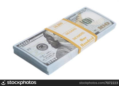 Stack one hundred dollars bills with tape isolated on white background. Stack one hundred dollars bills with tape