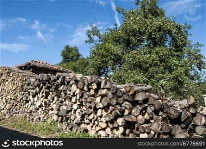 Stacked oak firewood heap in countryside