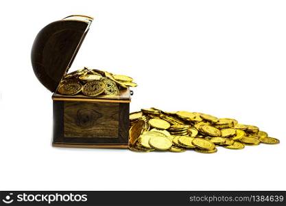 Stacking Gold Coin in treasure chest on white background