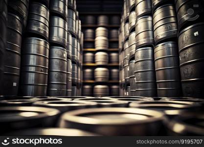 Stacks of beer barrels in brewery manufacturing warehouse. Neural network AI generated art. Stacks of beer barrels in brewery manufacturing warehouse. Neural network generated art