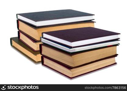 Stacks of books on a white background. Collage.