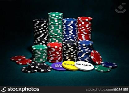 stacks of chips for poker with buttons of dealer, small blind and big blind