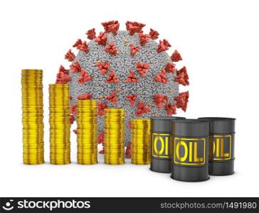 Stacks of coins and barrels of oil next to the coronovirus cell. 3d render