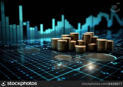 Stacks of coins and financial graph on dark background. 3d illustration