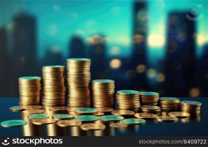 Stacks of coins on the background of the city. Business and finance concept.