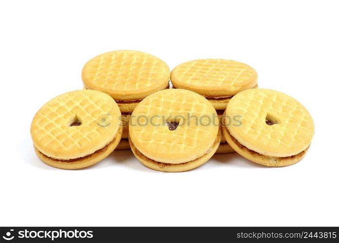 Stacks of cookies on white background