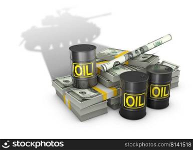 Stacks of dollars and barrels of oil cast a shadow in the shape of a military panzer. 3d render.