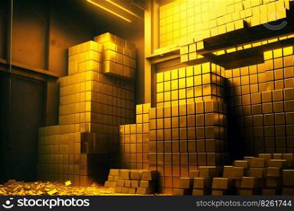 Stacks of gold bullion and safe deposit boxes in bank depository room. Neural network AI generated art. Stacks of gold bullion and safe deposit boxes in bank depository room. Neural network generated art