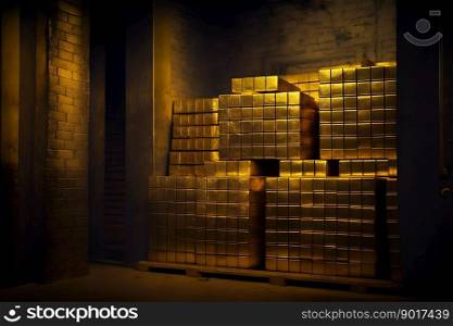 Stacks of gold bullion and safe deposit boxes in bank depository room. Neural network AI generated art. Stacks of gold bullion and safe deposit boxes in bank depository room. Neural network generated art
