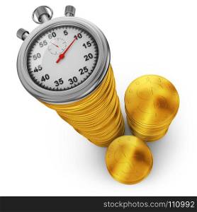Stacks of gold coins and a stopwatch in the foreground. 3d rendering.