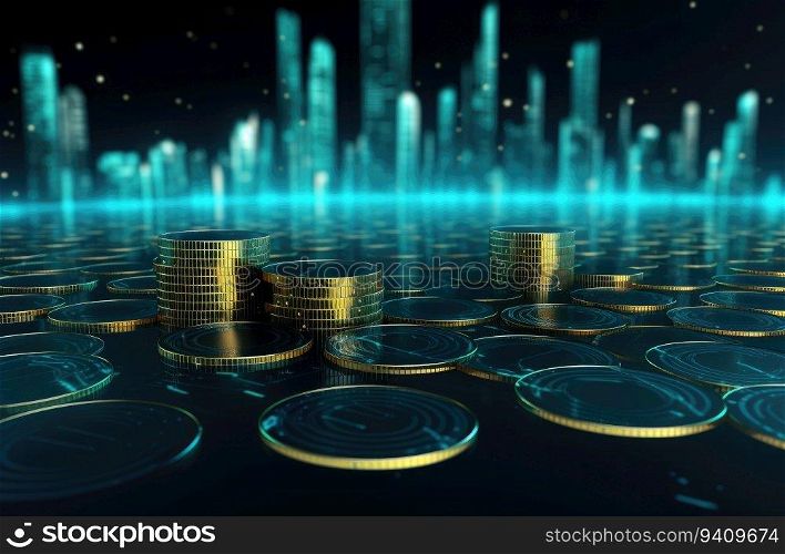 Stacks of gold coins with binary code on a dark blue background. 3d rendering