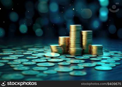 Stacks of gold coins with bokeh background. 3d illustration