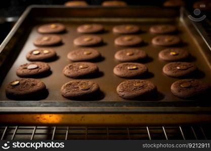 stacks of golden brown cookies soaked in chocolate on baking tray, created with generative ai. stacks of golden brown cookies soaked in chocolate on baking tray
