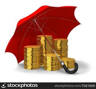 Stacks of golden coins covered by red umbrella isolated on white background