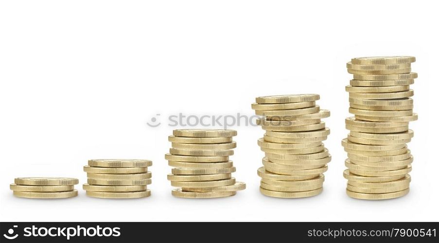 Stacks of golden coins isolated on white background.