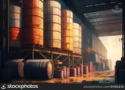 Stacks of oil barrels in oil refinery warehouse. Neural network AI generated art. Stacks of oil barrels in oil refinery warehouse. Neural network generated art