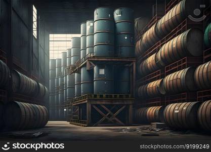 Stacks of oil barrels in oil refinery warehouse. Neural network AI generated art. Stacks of oil barrels in oil refinery warehouse. Neural network generated art